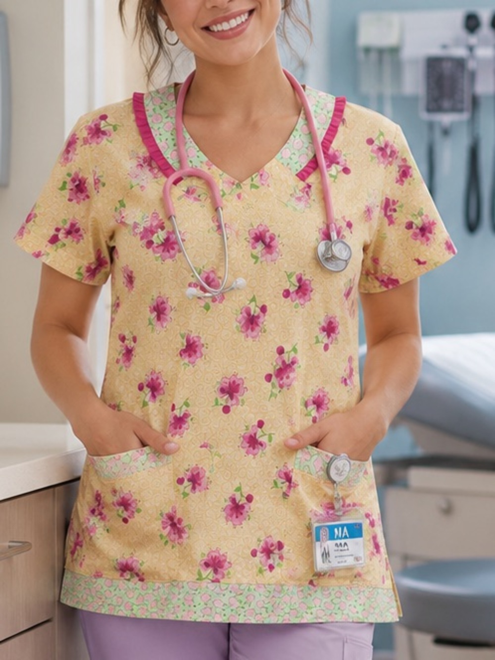 Mary Engelbreit Yellow medical scrub Floral Top with Pink and Green Accents